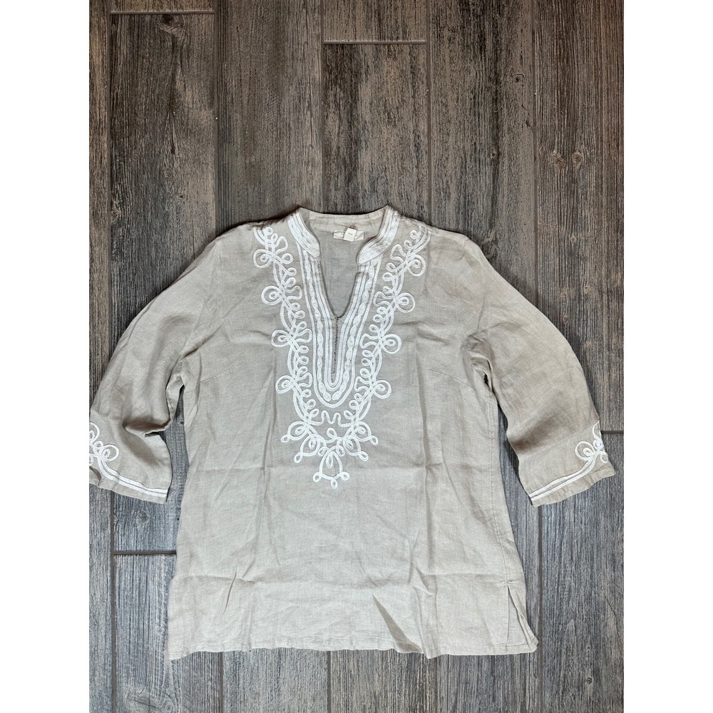 Linen‎ Charter Club Luxury Tunic Top White Embroidered Detail Women's XL